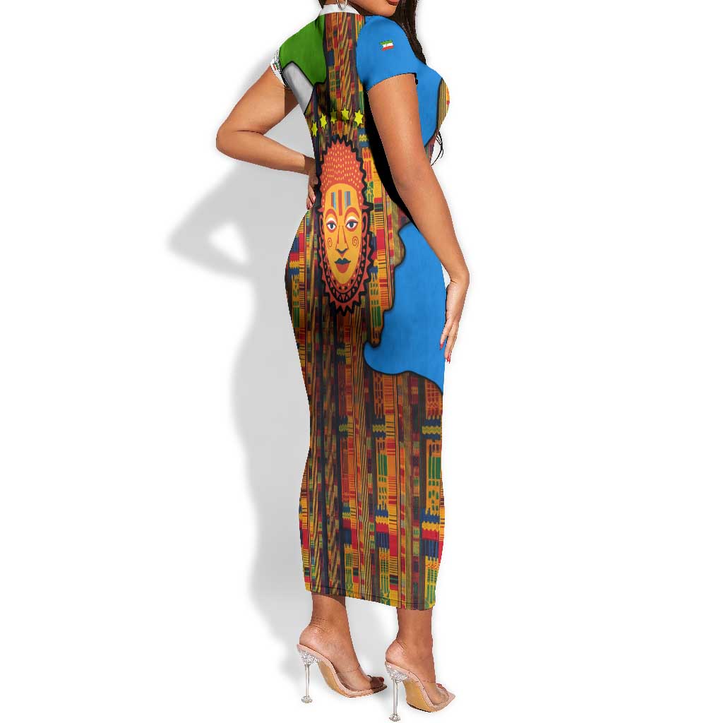 Equatorial Guinea Kente Short Sleeve Bodycon Dress - Tribal Mask and National Coat of Arms
