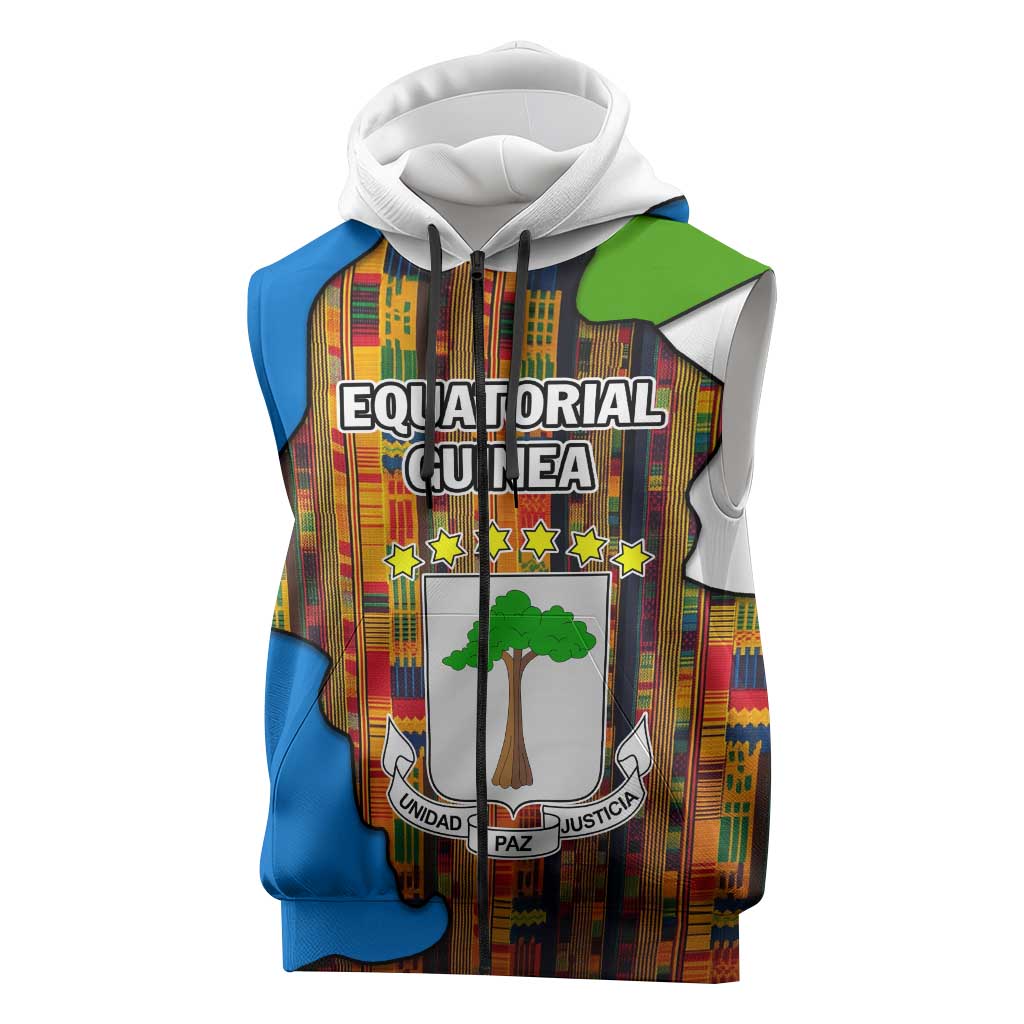 Equatorial Guinea Kente Sleeveless Zip Hoodie - Tribal Mask and National Coat of Arms - African Pride