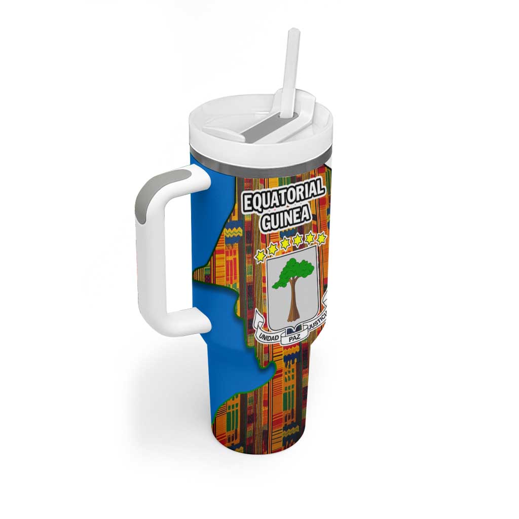 Equatorial Guinea Kente Tumbler With Handle - Tribal Mask and National Coat of Arms