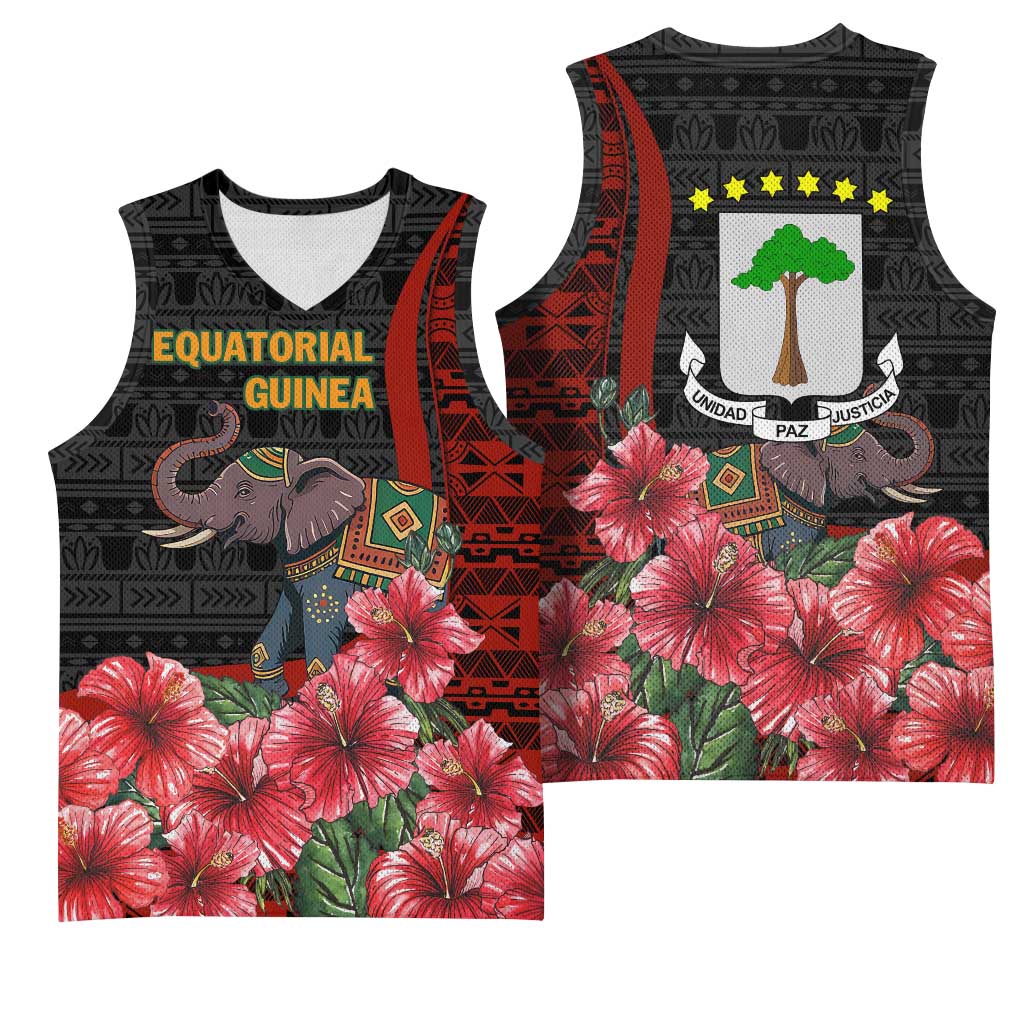 Equatorial Guinea Elephant Basketball Jersey - Hibiscus Flowers and Tribal Patterns TS04