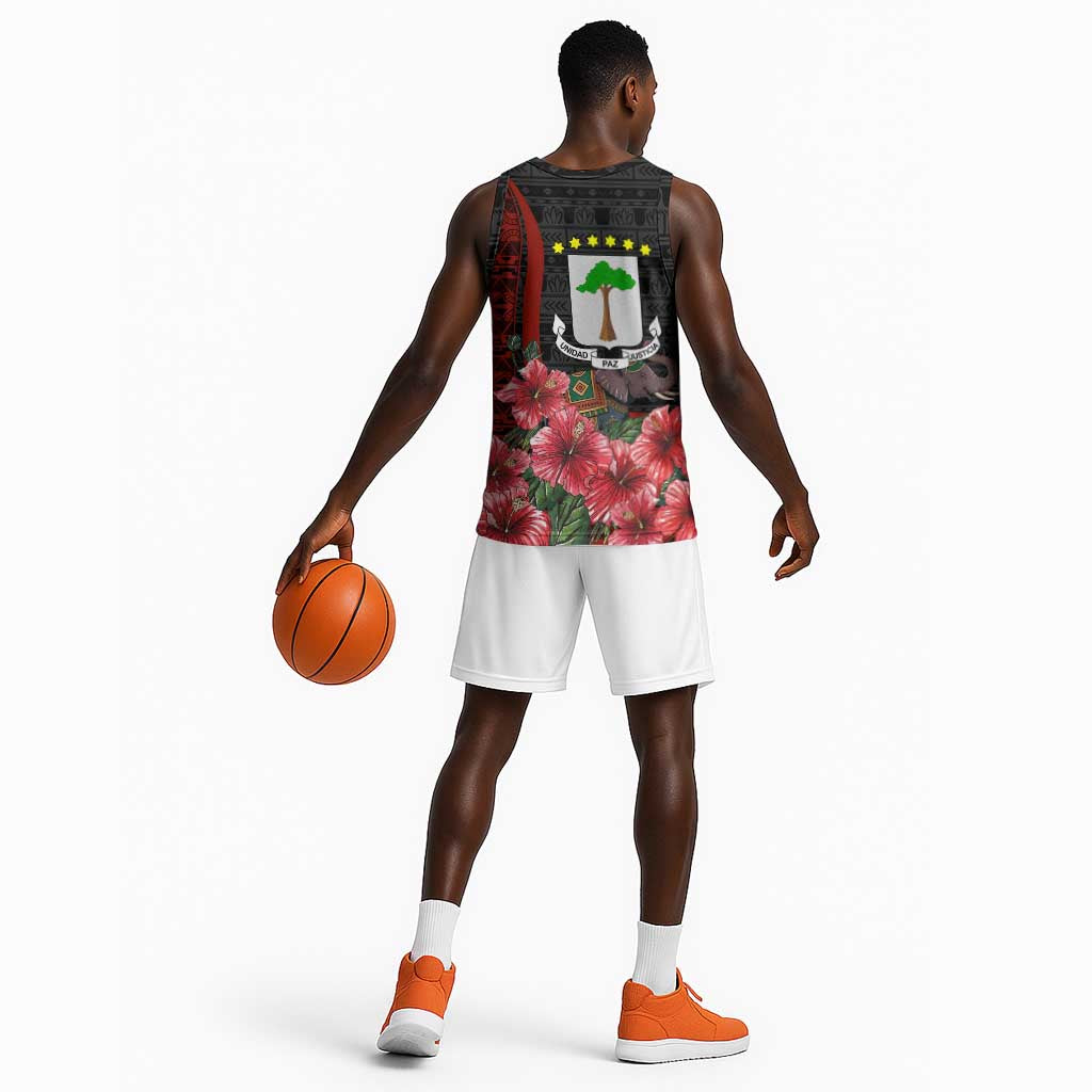 Equatorial Guinea Elephant Basketball Jersey - Hibiscus Flowers and Tribal Patterns TS04