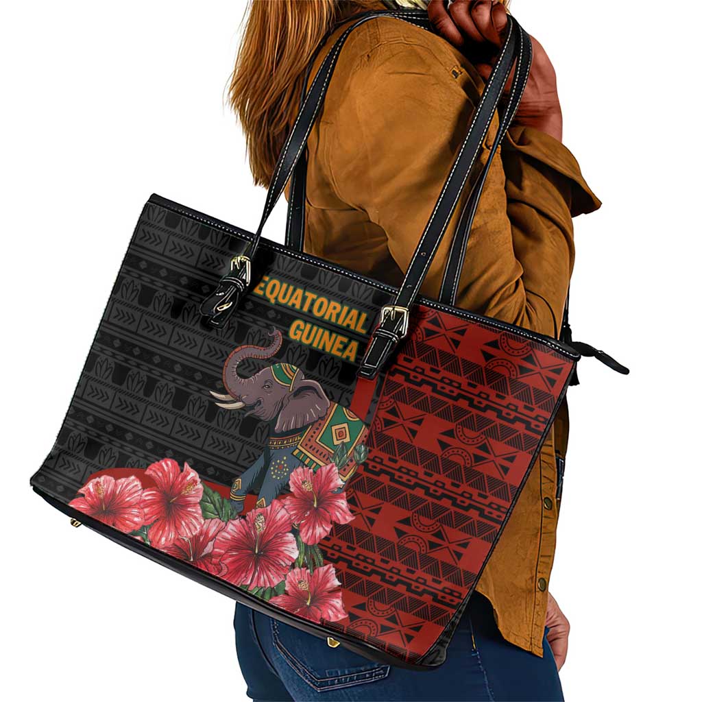 Equatorial Guinea Elephant Leather Tote Bag - Hibiscus Flowers and Tribal Patterns