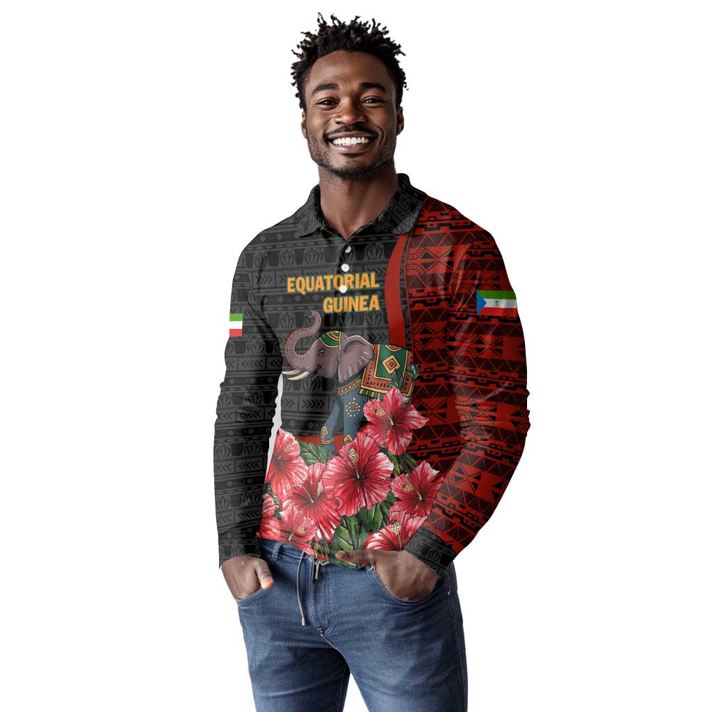 Equatorial Guinea Elephant Long Sleeve Polo Shirt - Hibiscus Flowers and Tribal Patterns