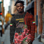 Equatorial Guinea Elephant Long Sleeve Shirt - Hibiscus Flowers and Tribal Patterns