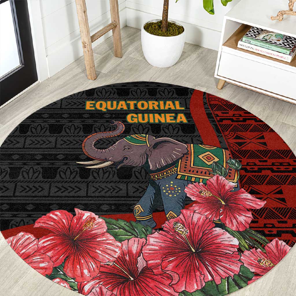 Equatorial Guinea Elephant Round Carpet - Hibiscus Flowers and Tribal Patterns