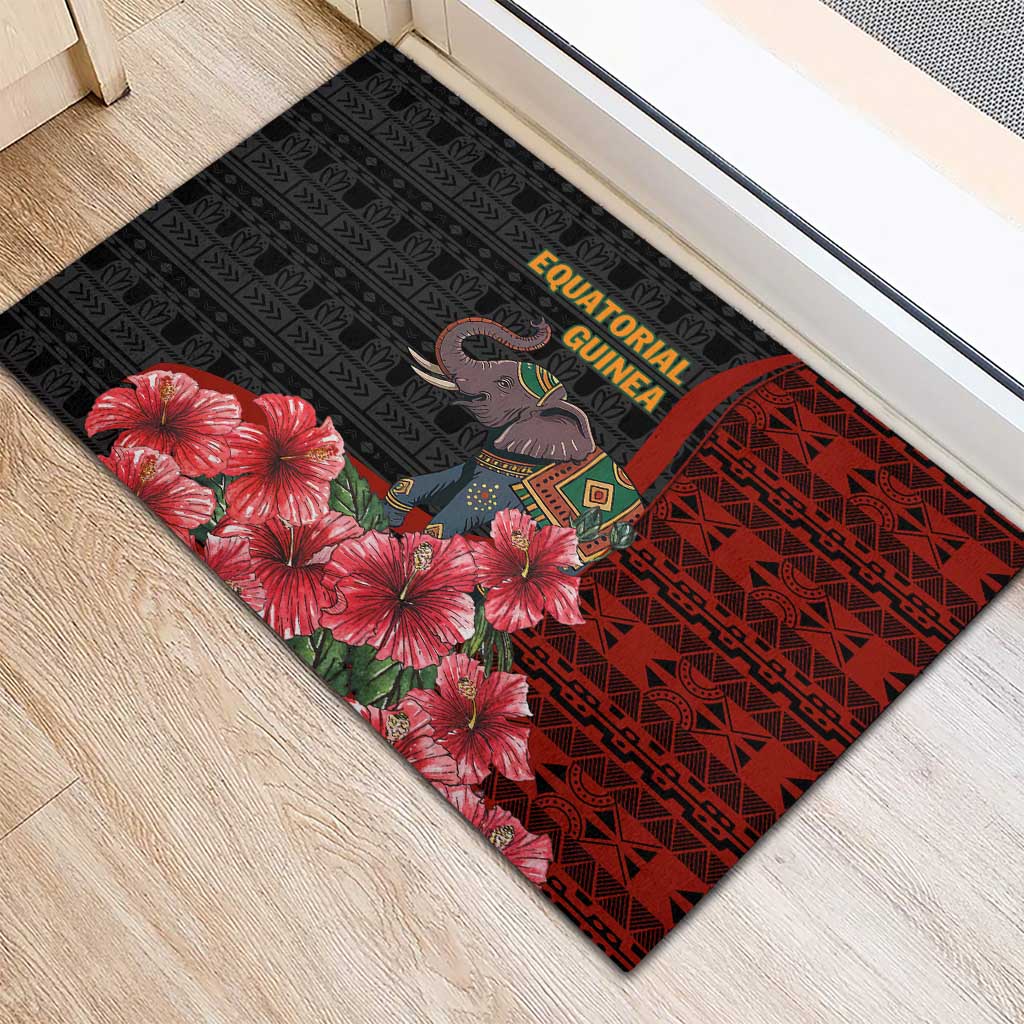 Equatorial Guinea Elephant Rubber Doormat - Hibiscus Flowers and Tribal Patterns