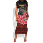 Equatorial Guinea Elephant Short Sleeve Bodycon Dress - Hibiscus Flowers and Tribal Patterns