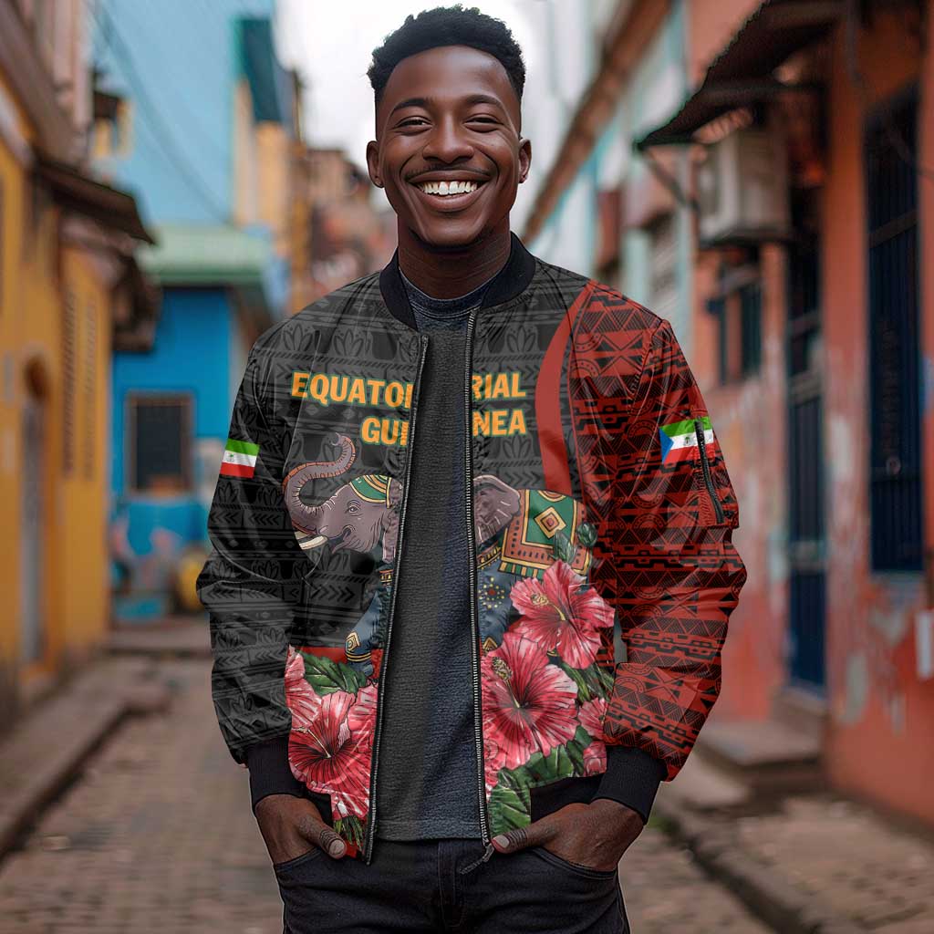 Equatorial Guinea Elephant Sleeve Zip Bomber Jacket - Hibiscus Flowers and Tribal Patterns