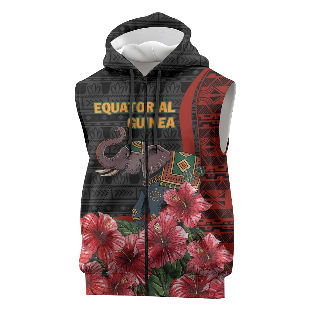 Equatorial Guinea Elephant Sleeveless Zip Hoodie - Hibiscus Flowers and Tribal Patterns - African Pride