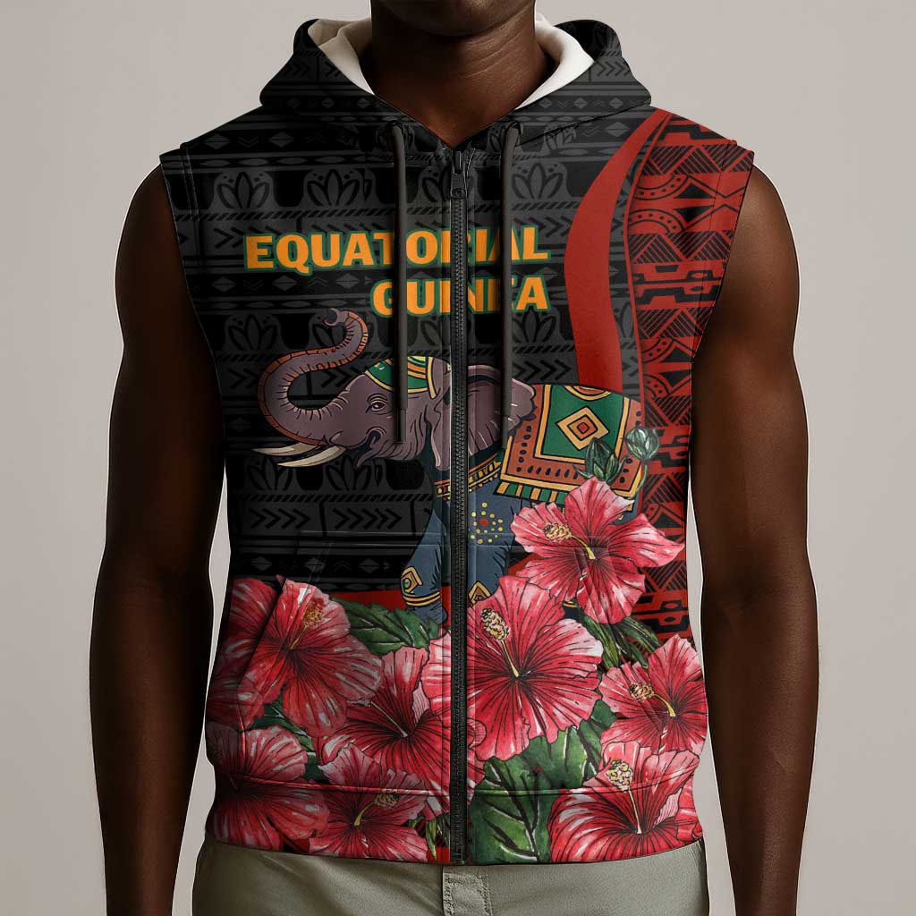 Equatorial Guinea Elephant Sleeveless Zip Hoodie - Hibiscus Flowers and Tribal Patterns - African Pride