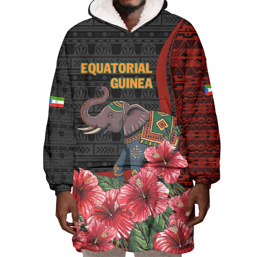 Equatorial Guinea Elephant Wearable Blanket Hoodie - Hibiscus Flowers and Tribal Patterns