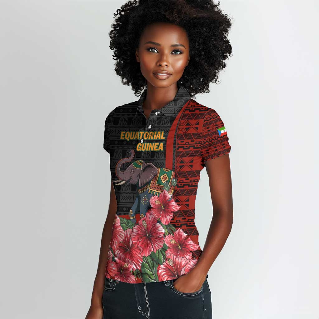 Equatorial Guinea Elephant Women Polo Shirt - Hibiscus Flowers and Tribal Patterns
