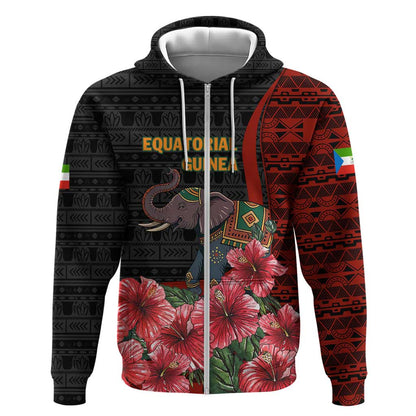 Equatorial Guinea Elephant Zip Hoodie - Hibiscus Flowers and Tribal Patterns