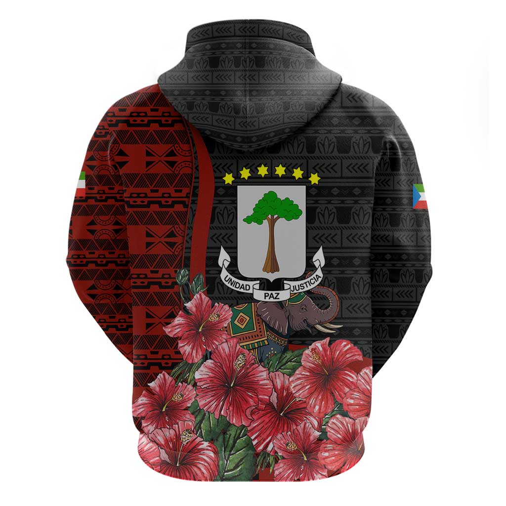 Equatorial Guinea Elephant Zip Hoodie - Hibiscus Flowers and Tribal Patterns