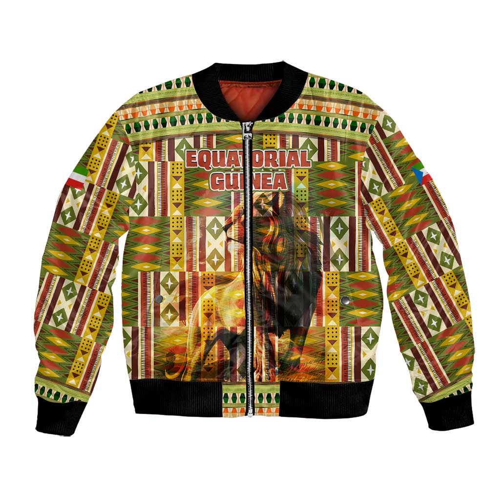 Equatorial Guinea Bomber Jacket - Lion Print and Traditional African Kente Patterns