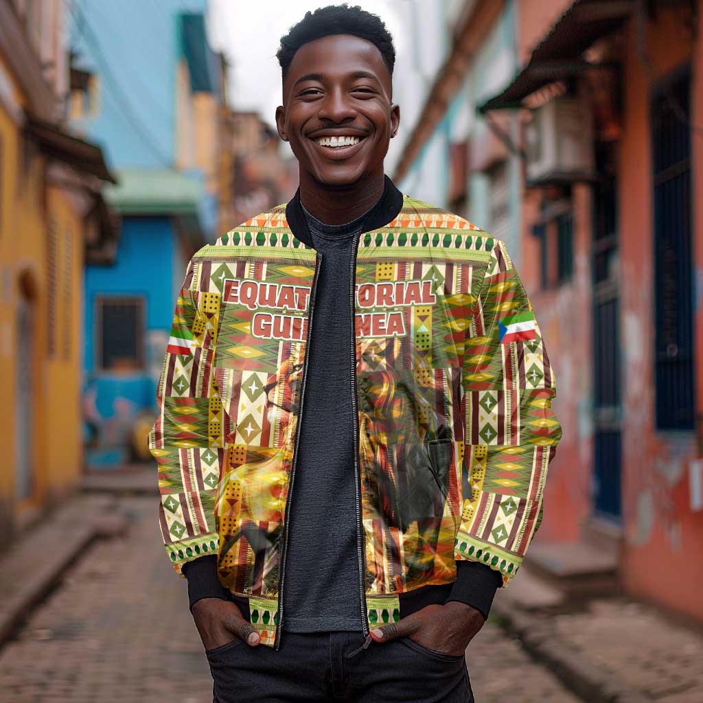 Equatorial Guinea Bomber Jacket - Lion Print and Traditional African Kente Patterns