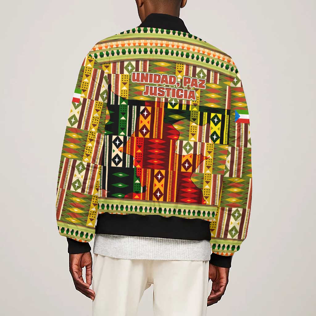 Equatorial Guinea Bomber Jacket - Lion Print and Traditional African Kente Patterns