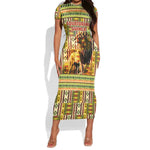 Equatorial Guinea Short Sleeve Bodycon Dress - Lion Print and Traditional African Kente Patterns