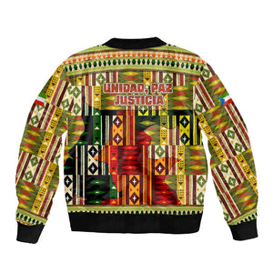Equatorial Guinea Sleeve Zip Bomber Jacket - Lion Print and Traditional African Kente Patterns