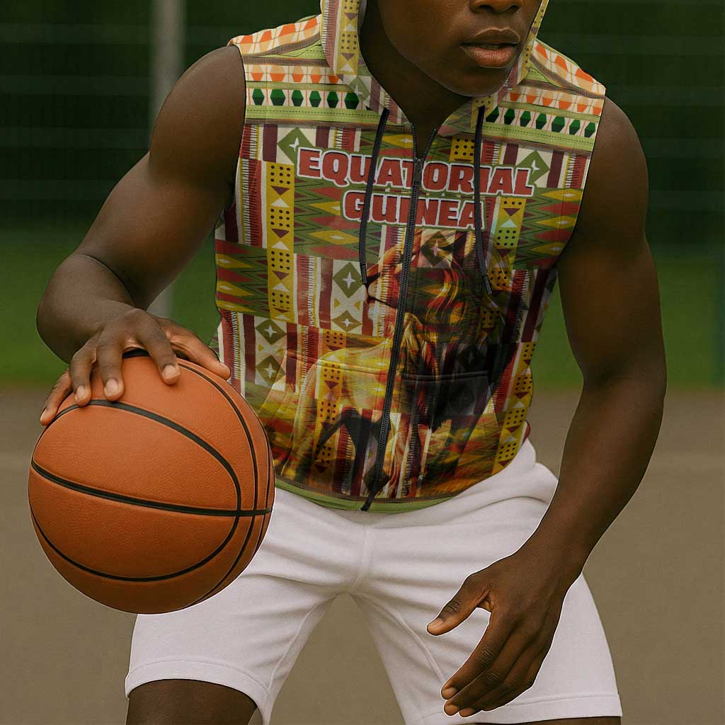 Equatorial Guinea Sleeveless Zip Hoodie - Lion Print and Traditional African Kente Patterns - African Pride