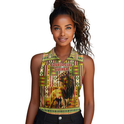 Equatorial Guinea Women Sleeveless Polo Shirt - Lion Print and Traditional African Kente Patterns