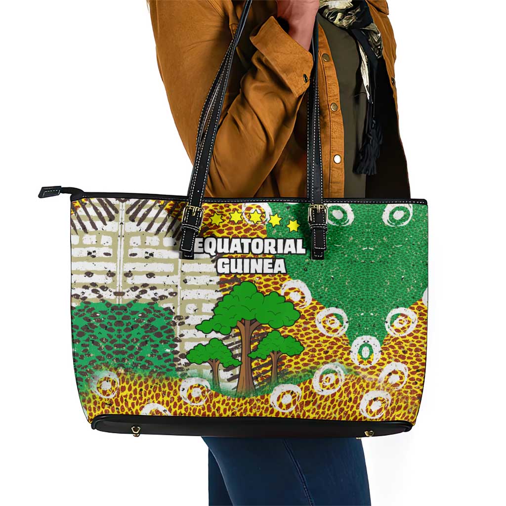 Equatorial Guinea Baobab Tree Leather Tote Bag - Tribal Patterns and Heritage Quote