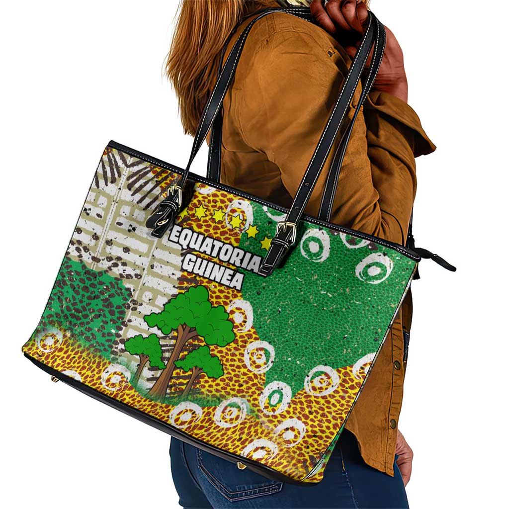 Equatorial Guinea Baobab Tree Leather Tote Bag - Tribal Patterns and Heritage Quote