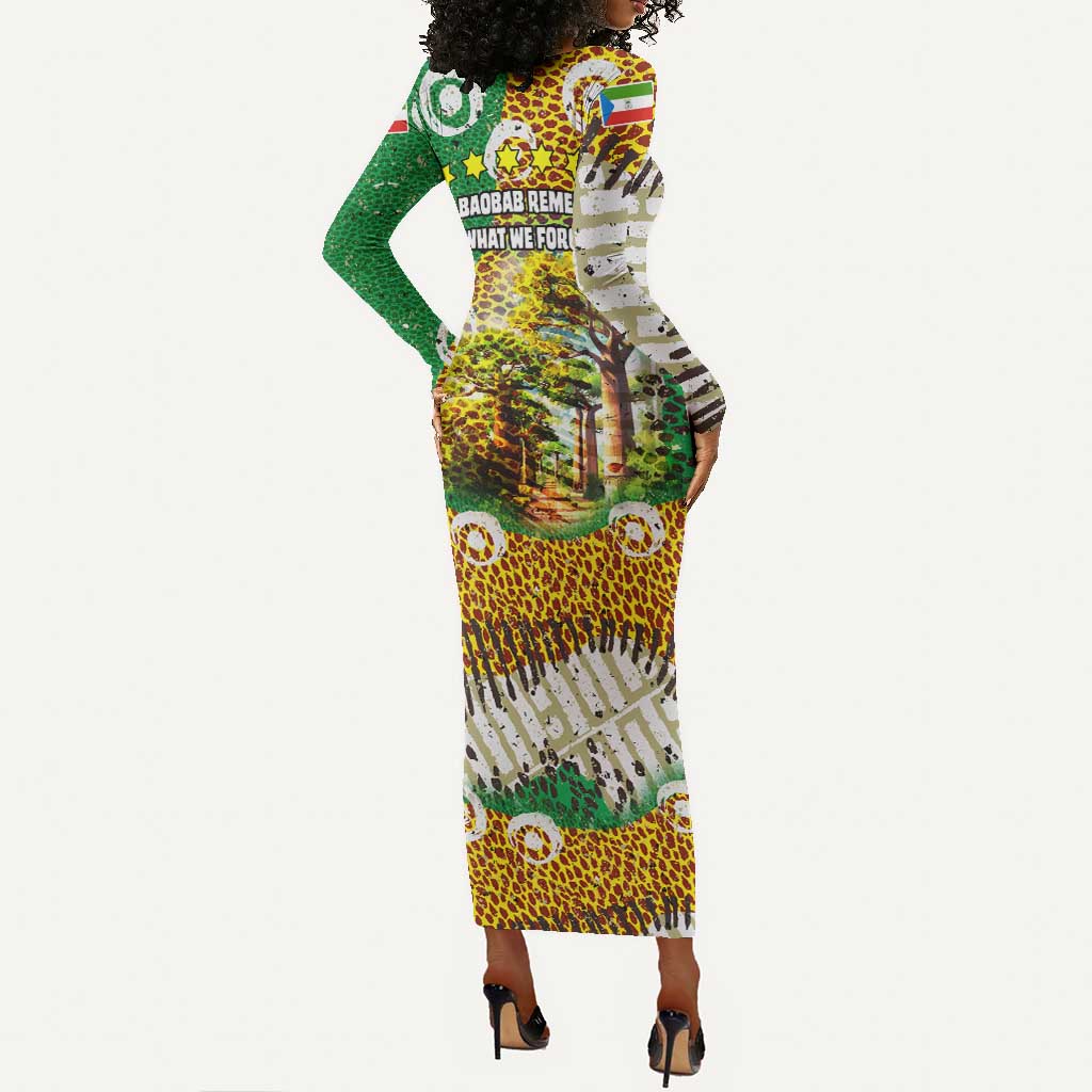 Equatorial Guinea Baobab Tree Long Sleeve Bodycon Dress - Tribal Patterns and Heritage Quote