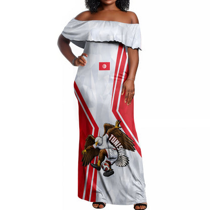 Personalized Tunisia Soccer Off Shoulder Maxi Dress Tunisia Flag Eagle Football Mascot