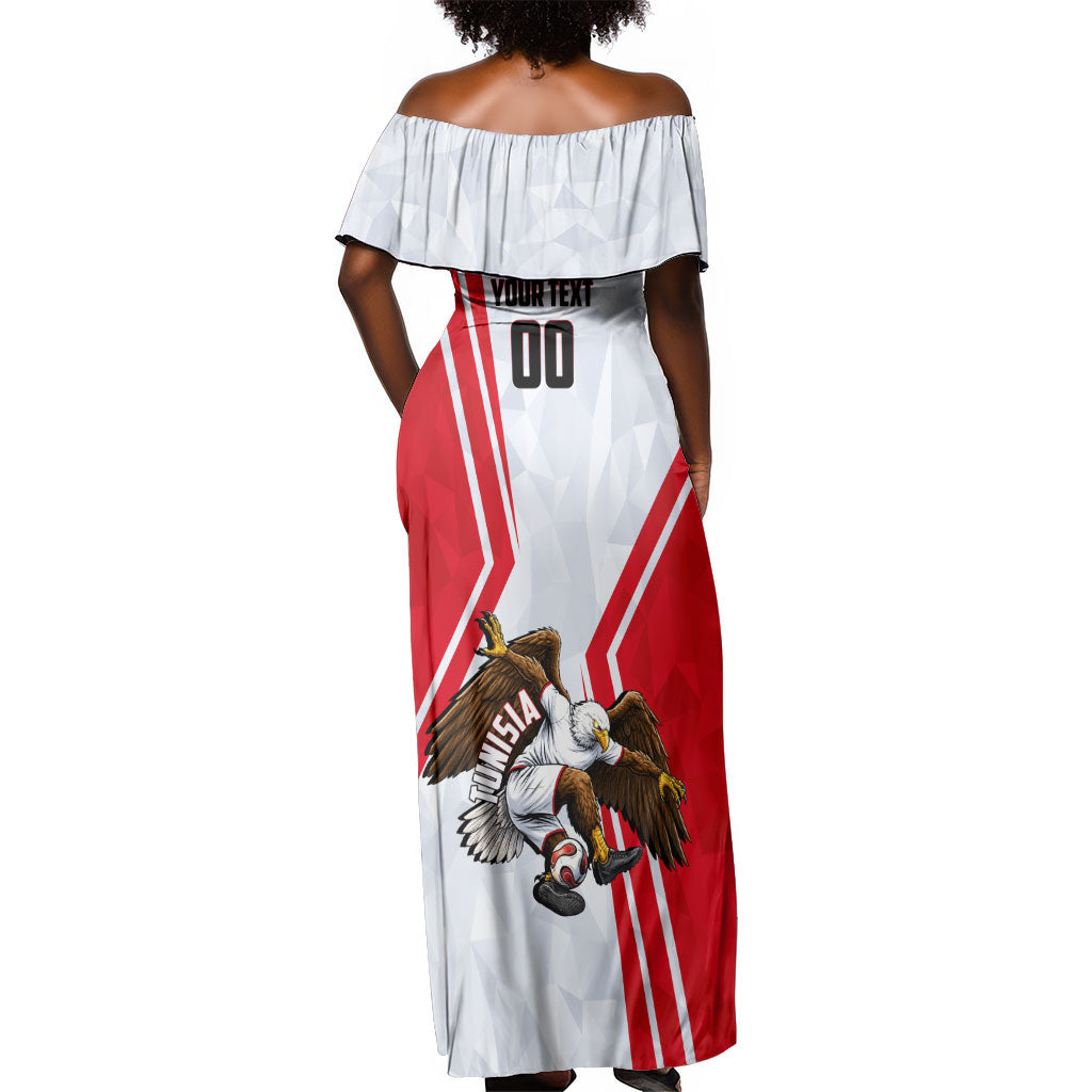 Personalized Tunisia Soccer Off Shoulder Maxi Dress Tunisia Flag Eagle Football Mascot