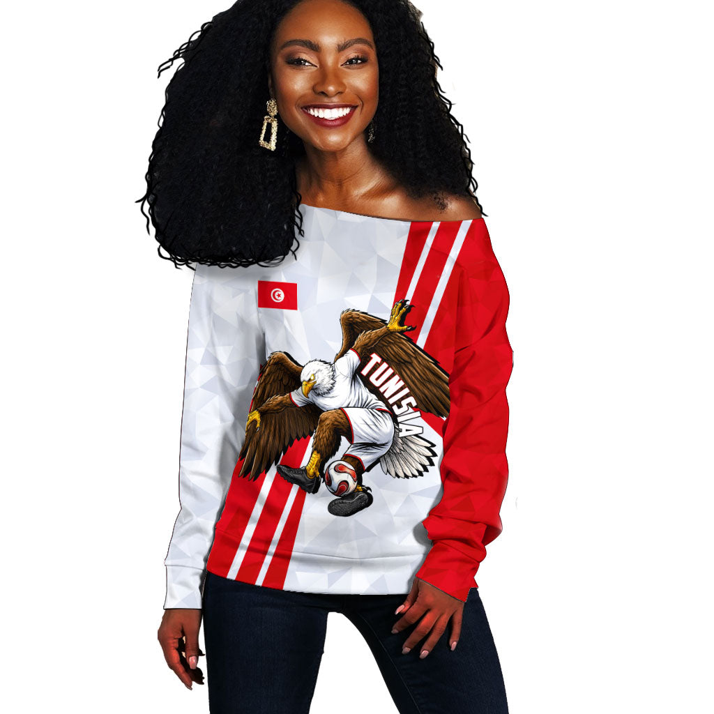 Personalized Tunisia Soccer Off Shoulder Sweater Tunisia Flag Eagle Football Mascot