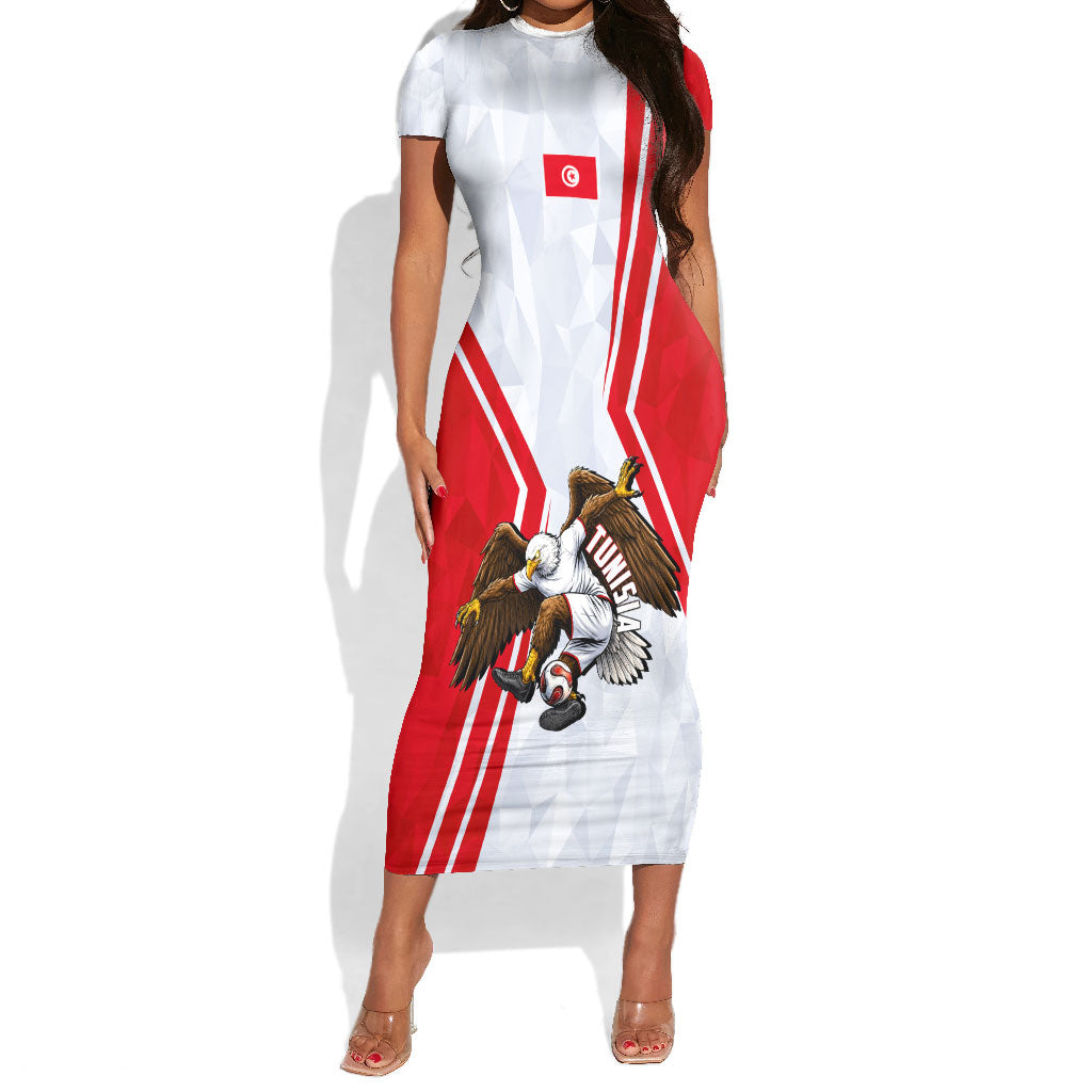 Personalized Tunisia Soccer Short Sleeve Bodycon Dress Tunisia Flag Eagle Football Mascot