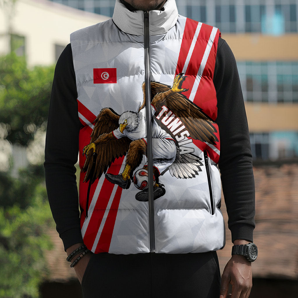 Personalized Tunisia Soccer Sleeveless Puffer Jacket Tunisia Flag Eagle Football Mascot