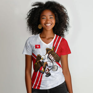 Personalized Tunisia Soccer Women V-Neck T-Shirt Tunisia Flag Eagle Football Mascot