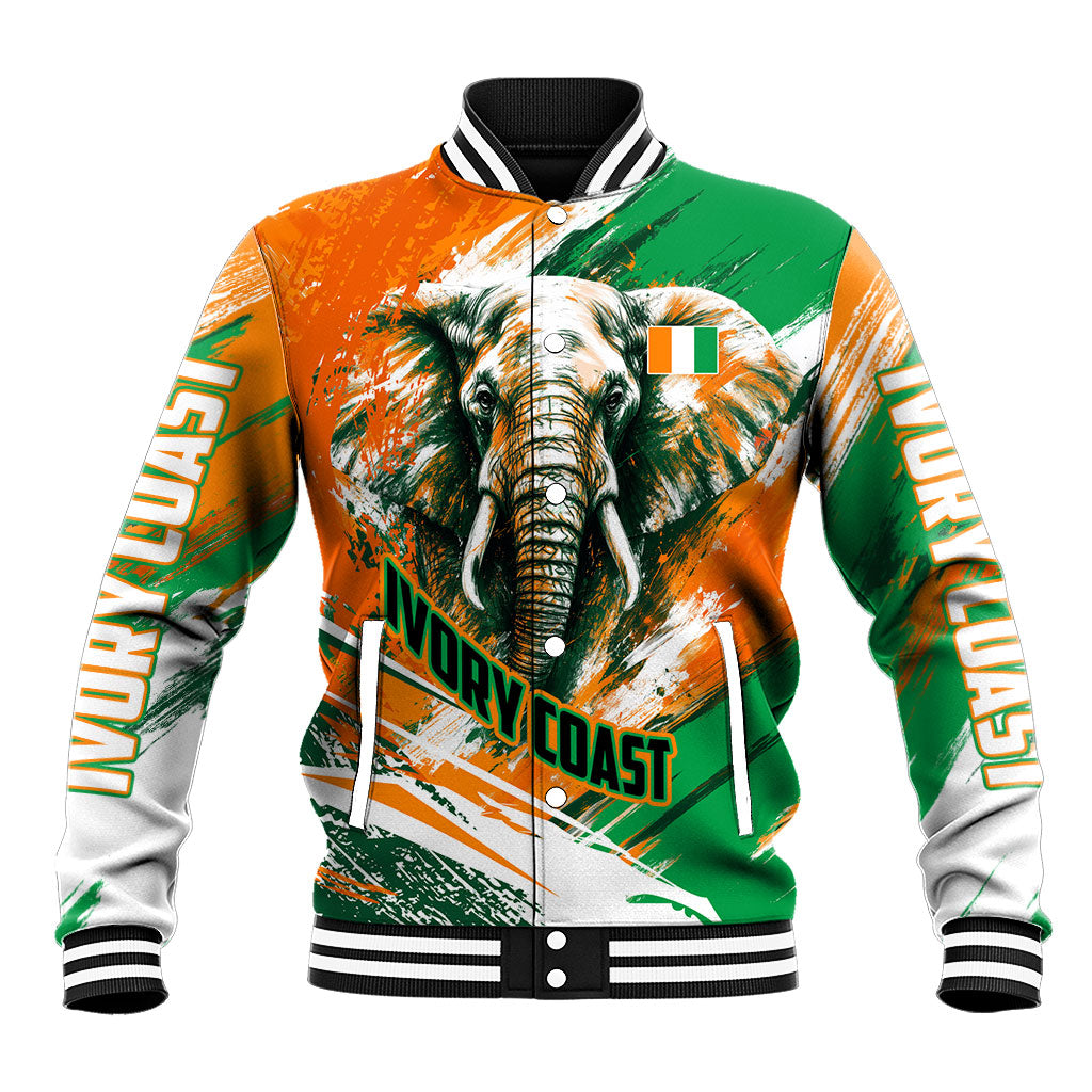 Personalized Ivory Coast Football Baseball Jacket Elephant Football Splatter Art