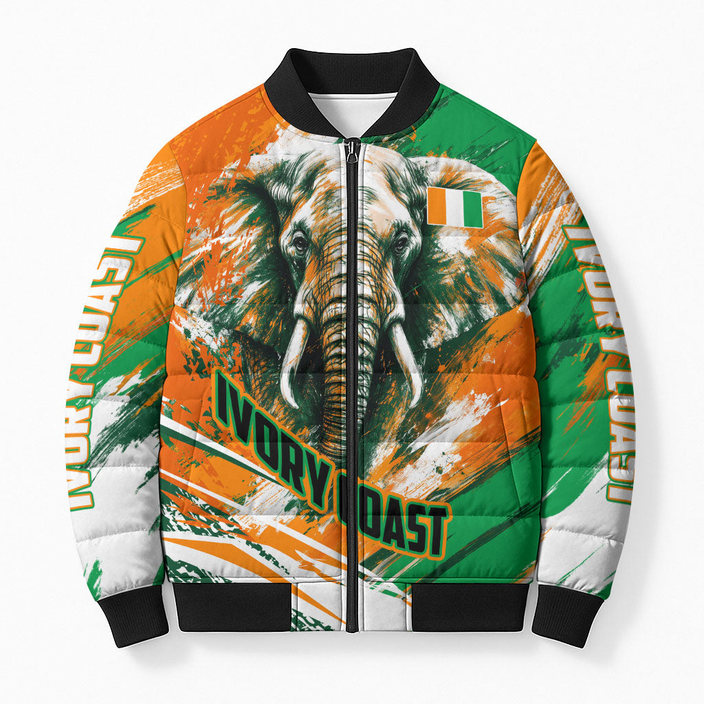 Personalized Ivory Coast Football Bomber Puffer Jacket Elephant Football Splatter Art