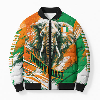 Personalized Ivory Coast Football Bomber Puffer Jacket Elephant Football Splatter Art