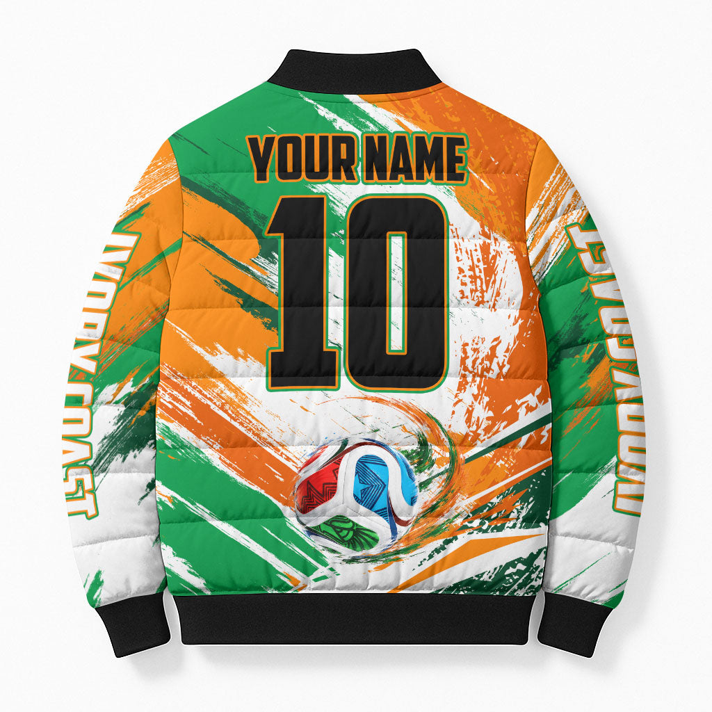 Personalized Ivory Coast Football Bomber Puffer Jacket Elephant Football Splatter Art