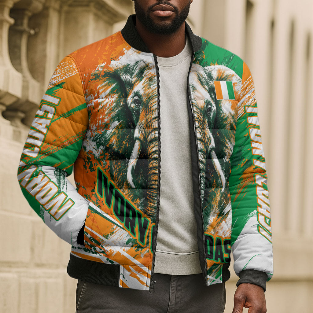 Personalized Ivory Coast Football Bomber Puffer Jacket Elephant Football Splatter Art