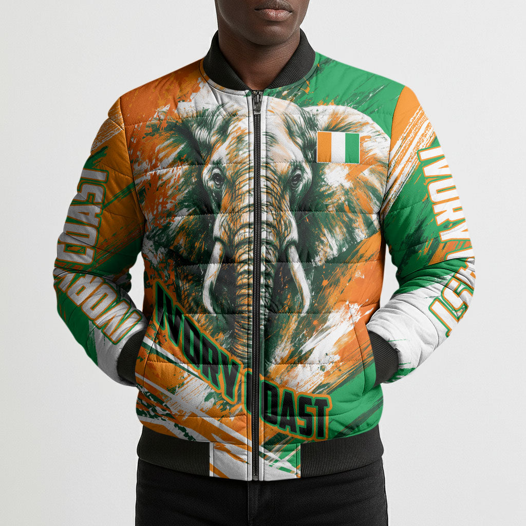 Personalized Ivory Coast Football Bomber Puffer Jacket Elephant Football Splatter Art