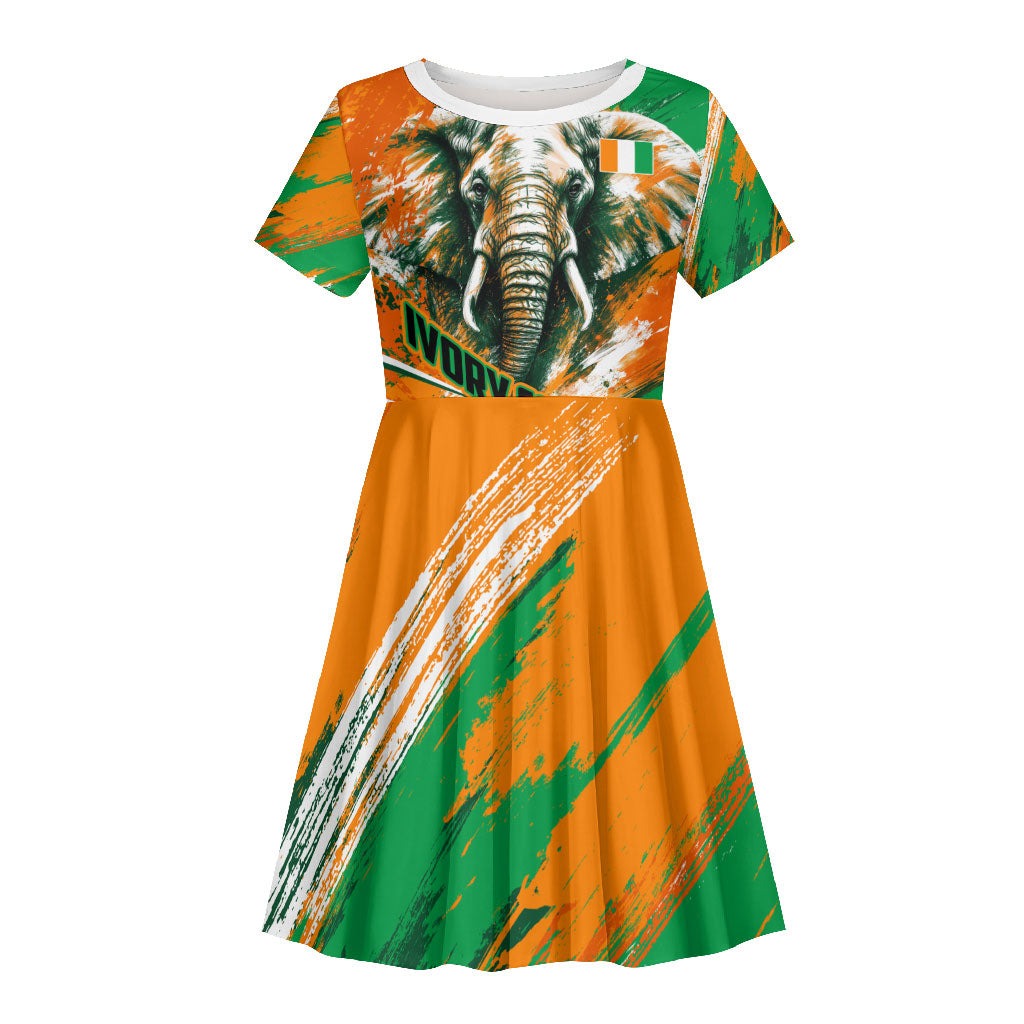 Personalized Ivory Coast Football Kid Short Sleeve Dress Elephant Football Splatter Art