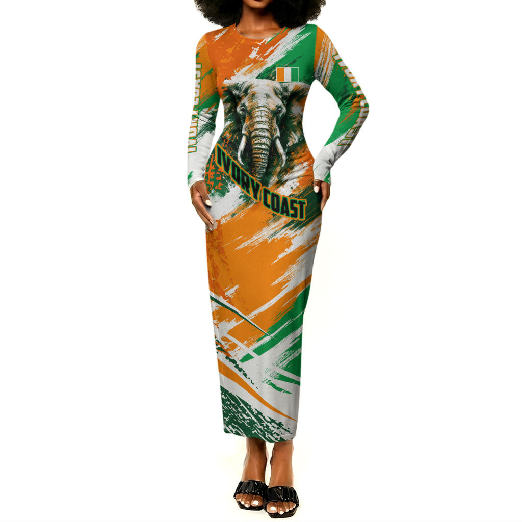 Personalized Ivory Coast Football Long Sleeve Bodycon Dress Elephant Football Splatter Art