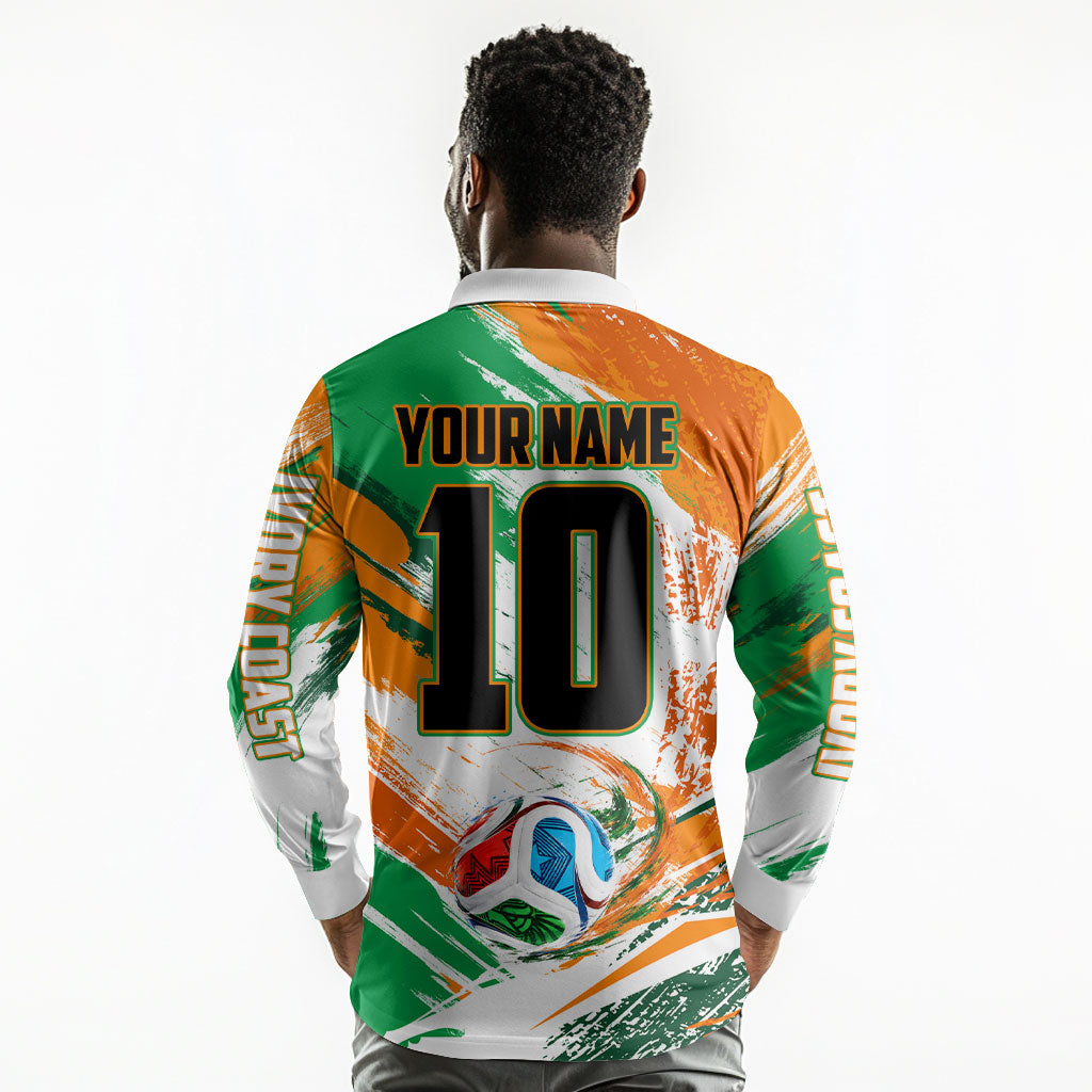 Personalized Ivory Coast Football Long Sleeve Polo Shirt Elephant Football Splatter Art