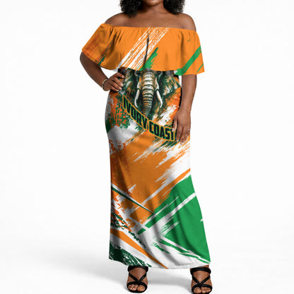 Personalized Ivory Coast Football Off Shoulder Maxi Dress Elephant Football Splatter Art