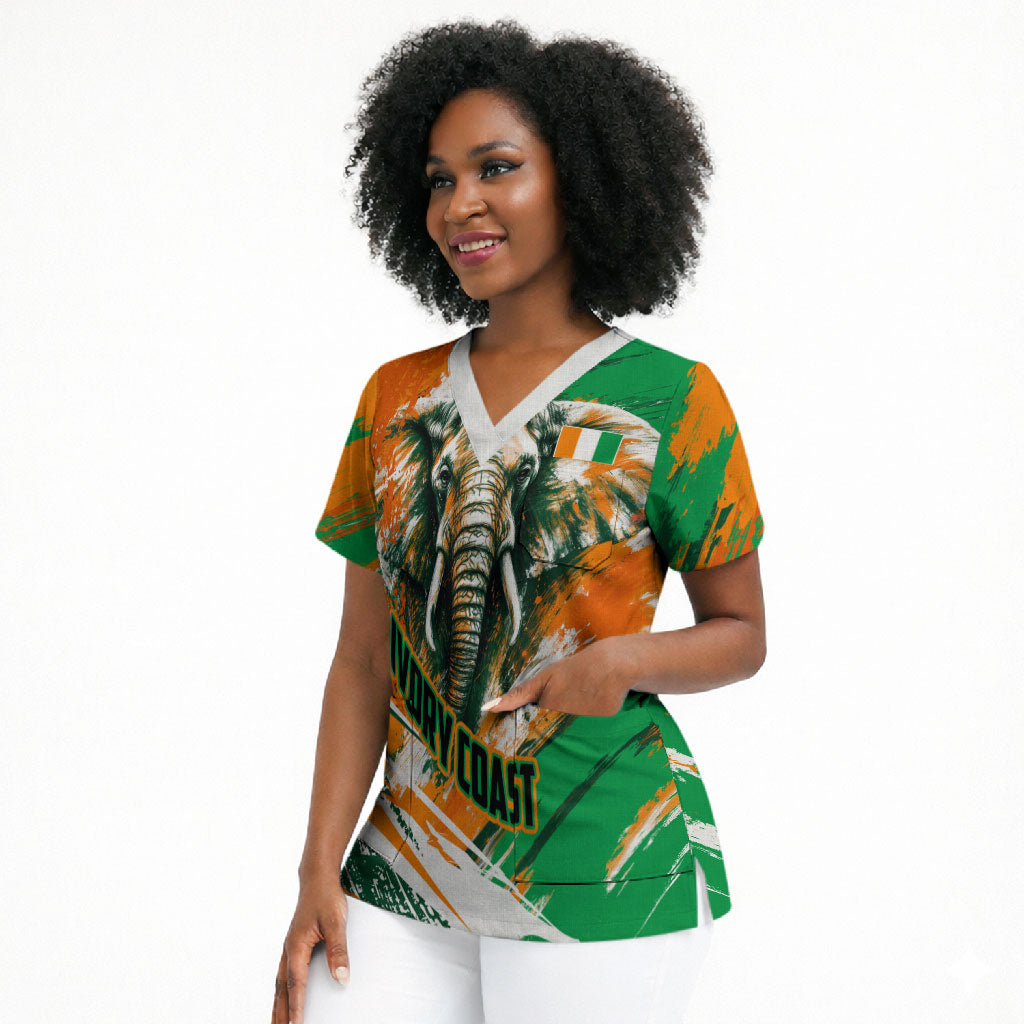 Personalized Ivory Coast Football Scrub Top Elephant Football Splatter Art