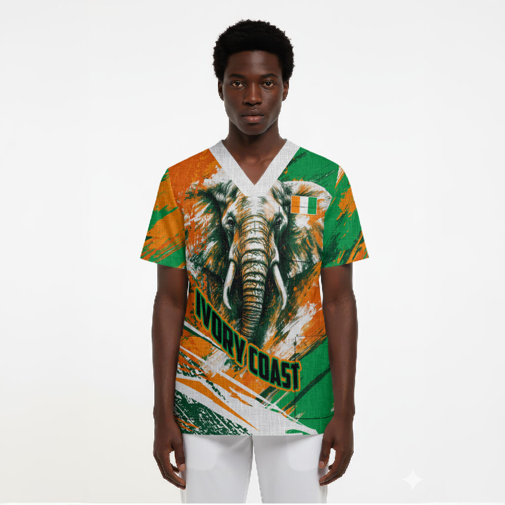 Personalized Ivory Coast Football Scrub Top Elephant Football Splatter Art