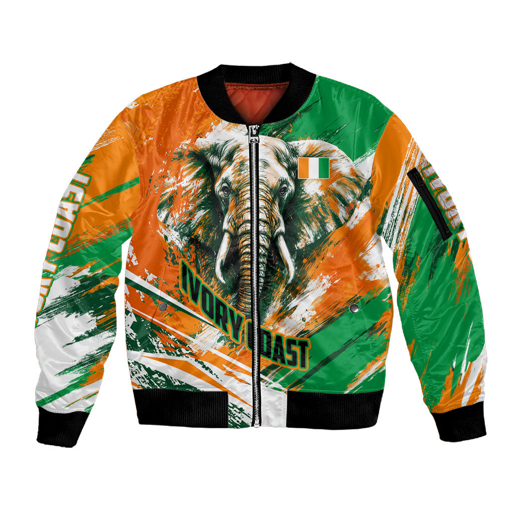 Personalized Ivory Coast Football Sleeve Zip Bomber Jacket Elephant Football Splatter Art