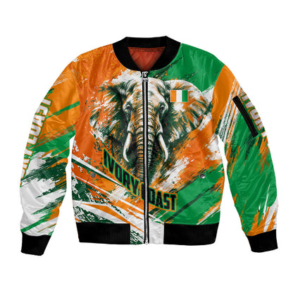 Personalized Ivory Coast Football Sleeve Zip Bomber Jacket Elephant Football Splatter Art