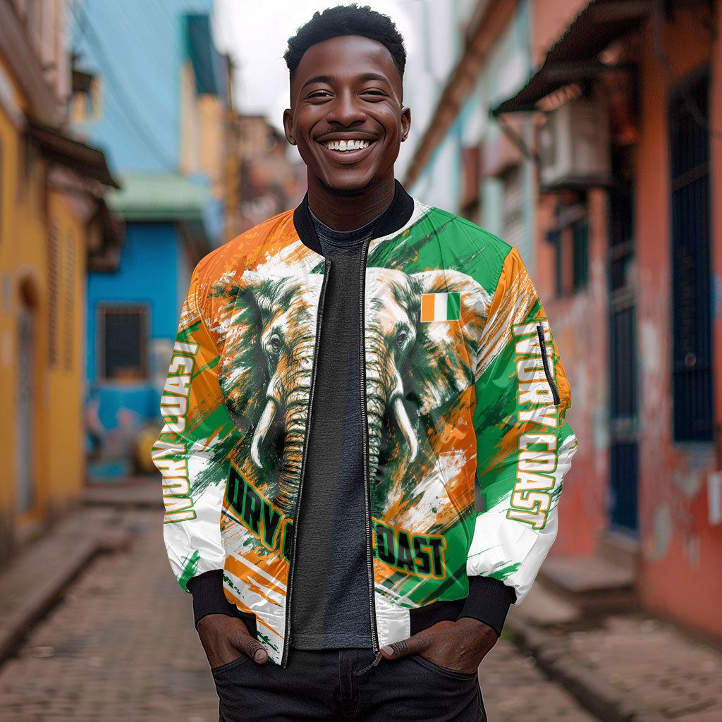 Personalized Ivory Coast Football Sleeve Zip Bomber Jacket Elephant Football Splatter Art