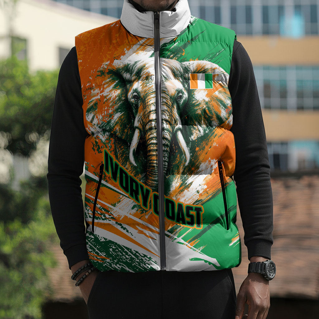 Personalized Ivory Coast Football Sleeveless Puffer Jacket Elephant Football Splatter Art